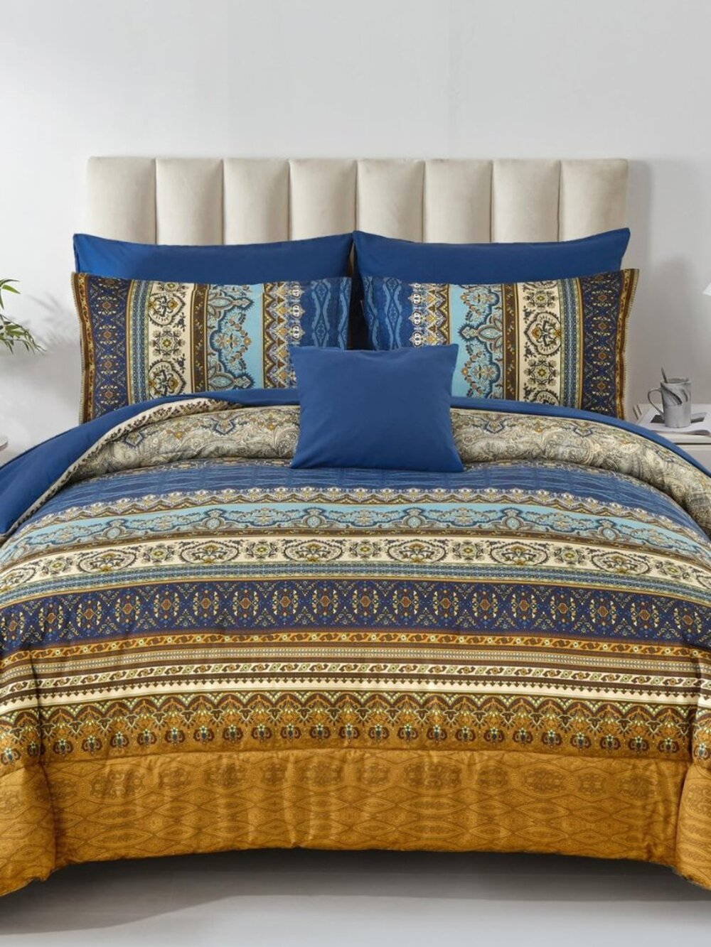 Boho Queen Comforter Set Brown Blue Striped Bed in A Bag
